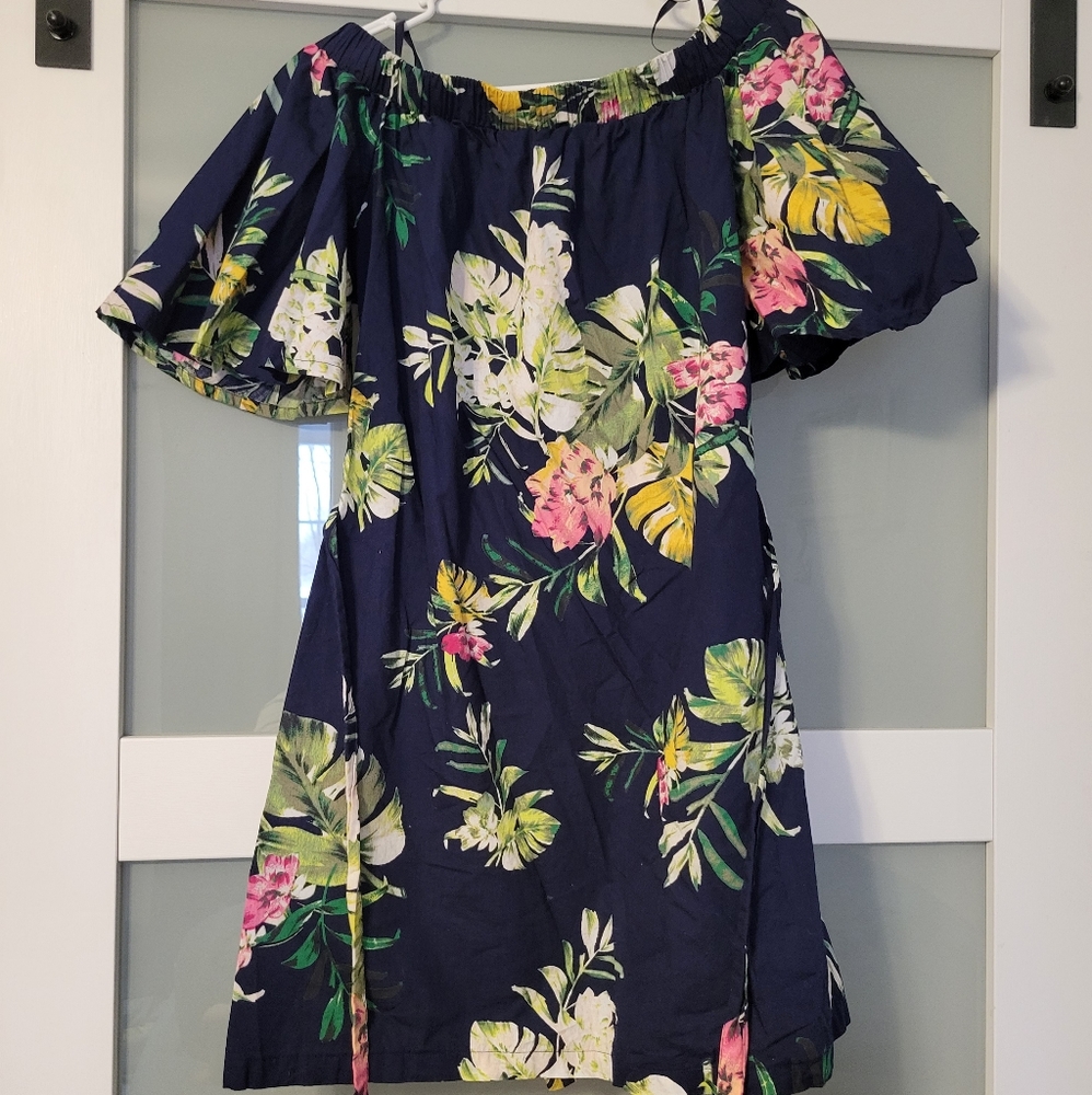 OFF THE SHOULDER GARDEN FLORAL NAVY BLUE DRESS